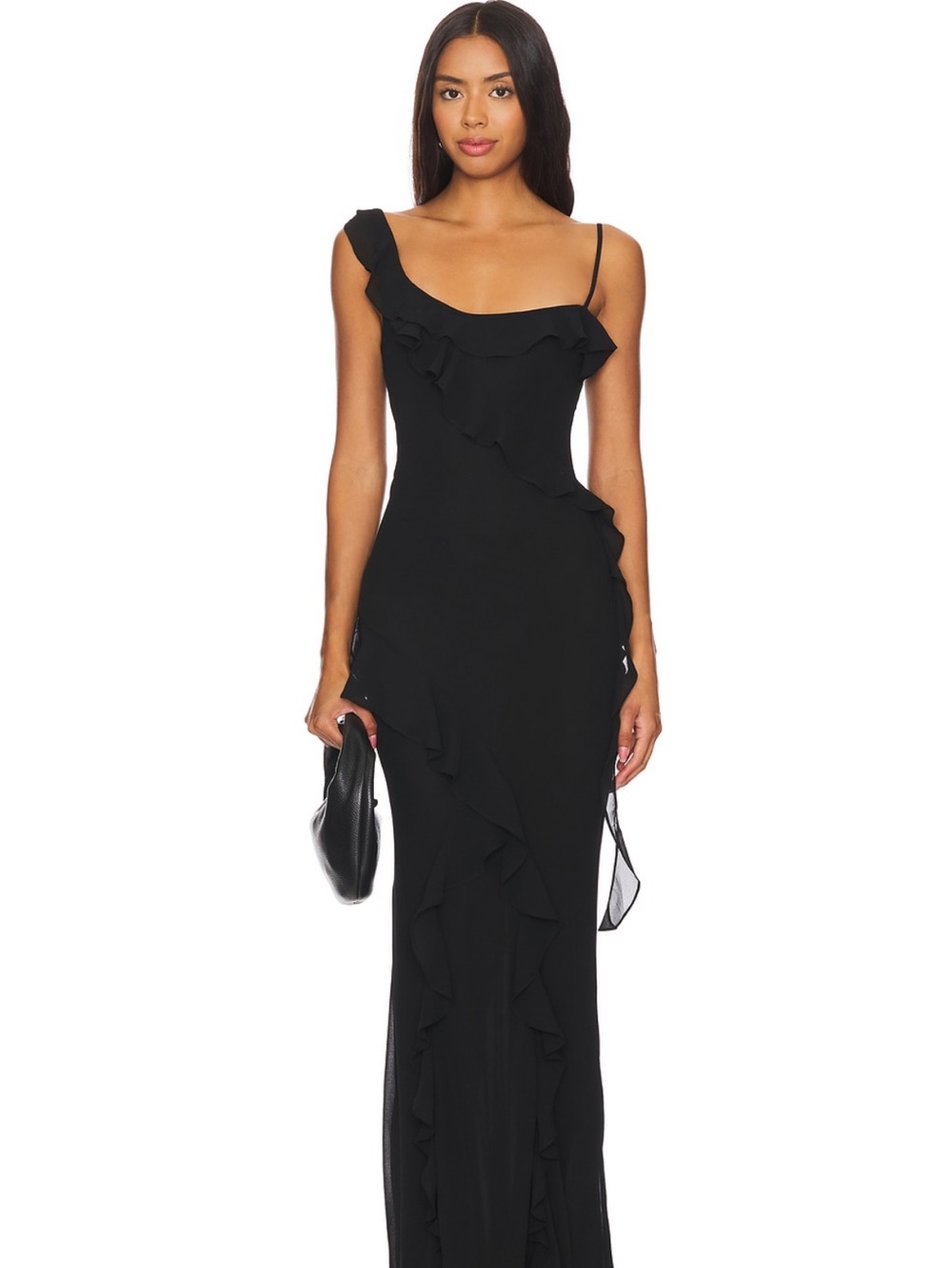 Elegant Black Ruffle One-Shoulder Maxi Dress